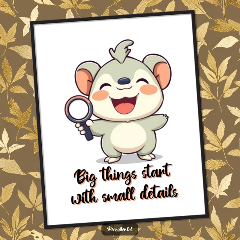 Funny Free Printable Wall Art: A small, energetic creature with a joyful expression, holding a magnifying glass, looking closely at something.