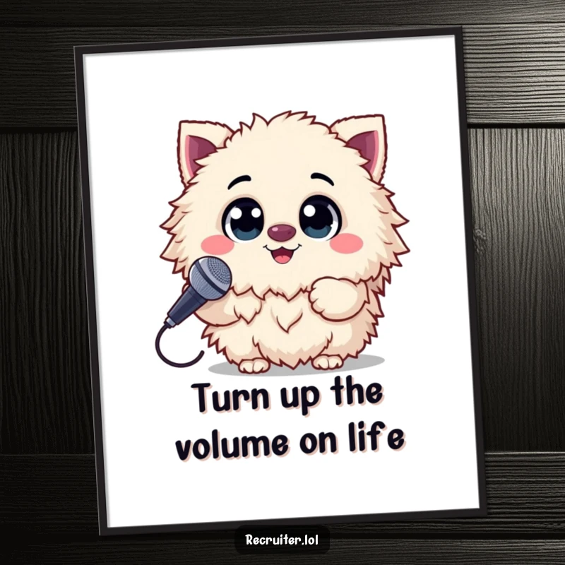 Funny Free Printable Wall Art: A joyful fluffy creature with wide eyes holding a microphone, ready to perform.