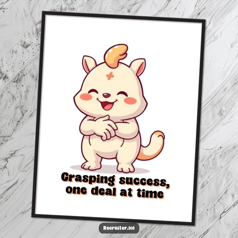 Funny Free Printable Wall Art: A creature enthusiastically shaking a colorful handshake icon, symbolizing connection and agreement.