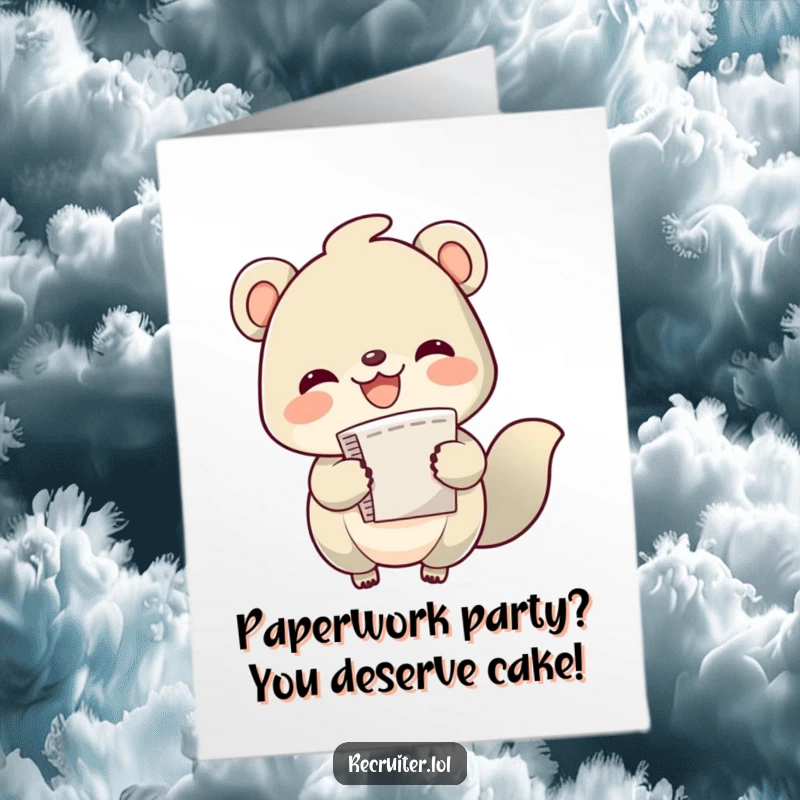 Funny Free Printable Birthday Card of a cheerful creature holding a stack of papers, ready for a party.