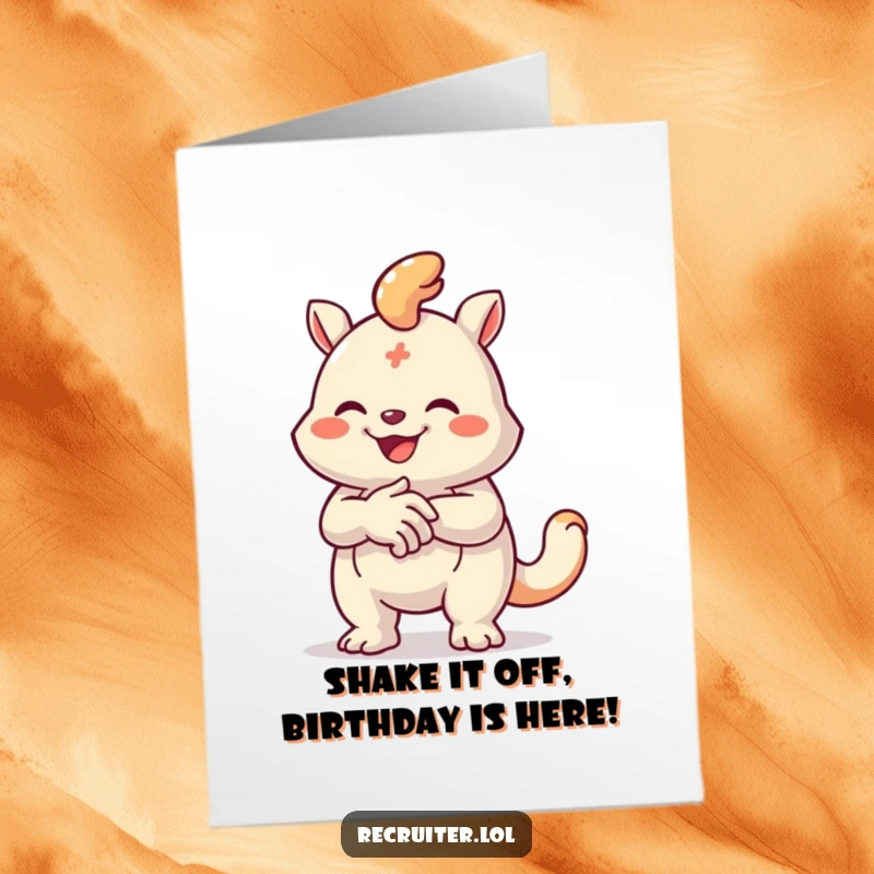 Funny Free Printable Birthday Card: A creature enthusiastically shaking a colorful handshake icon, wishing a happy birthday.
