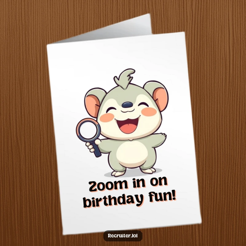 Funny Free Printable Birthday Card: A small, energetic creature beaming joyfully, holding a magnifying glass to inspect a birthday gift.