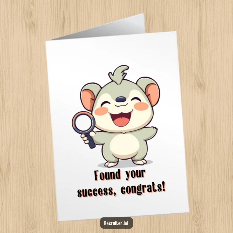 Funny Free Printable Congratulations Card: A joyful creature with a magnifying glass, intently examining a symbol of success.