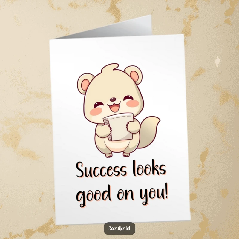 Funny Free Printable Congratulations Card: Cheerful creature balancing a huge stack of papers, signifying big news.