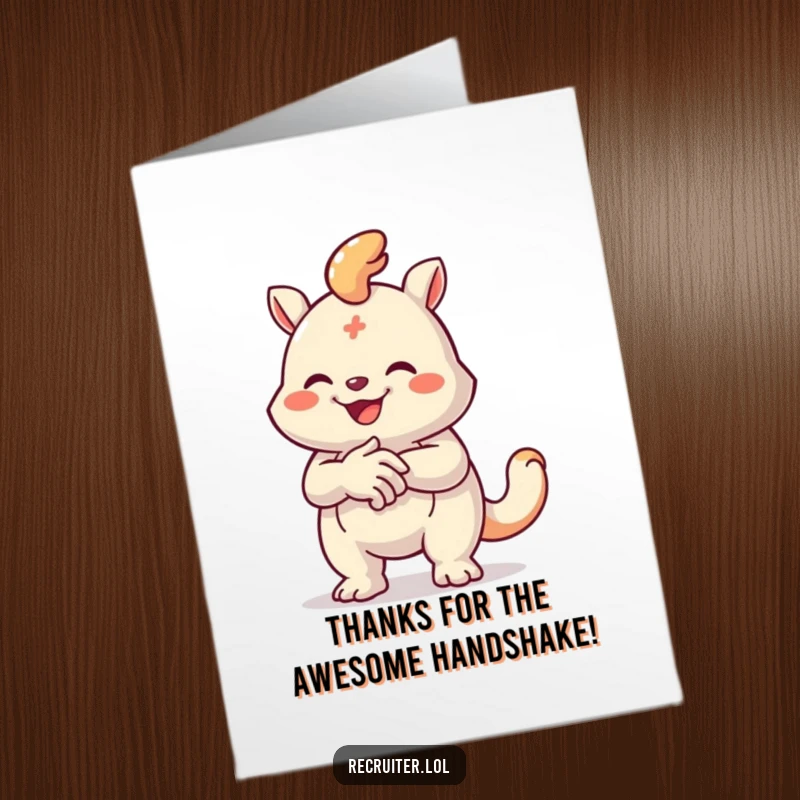 Funny Free Printable Thank You Card: Creature enthusiastically shaking a colorful handshake icon, conveying thanks and agreement.