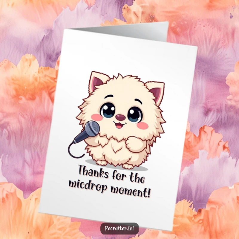 Funny Free Printable Thank You Card: A fluffy creature holding a microphone, beaming a friendly grin to express thanks.