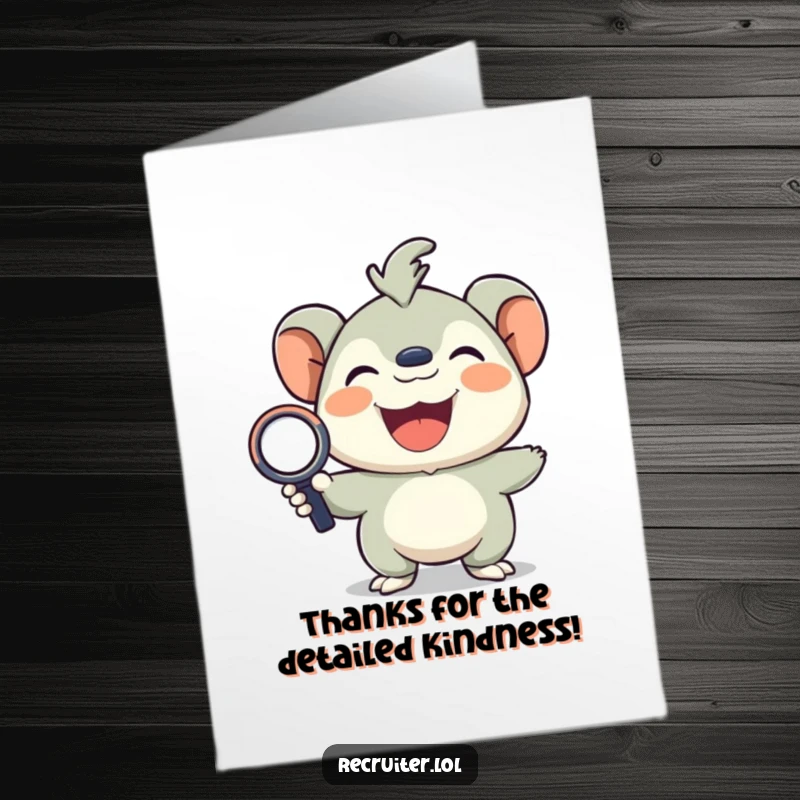 Funny Free Printable Thank You Card: A creature joyfully holding a magnifying glass, closely examining details to say thank you.